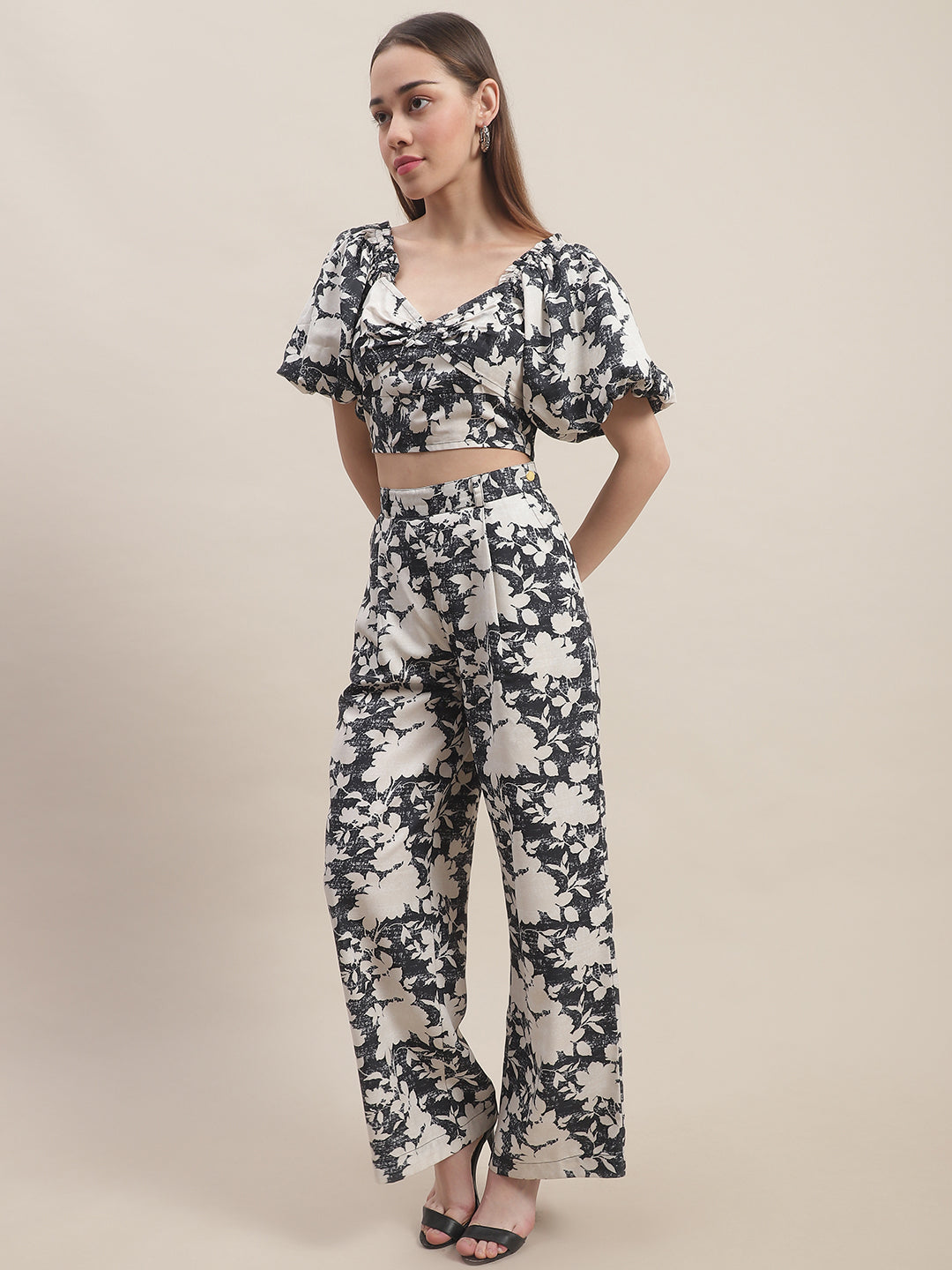 Blanc9 Melon Sleeve Crop Top With Pants Co-Ord Set-B9ST111
