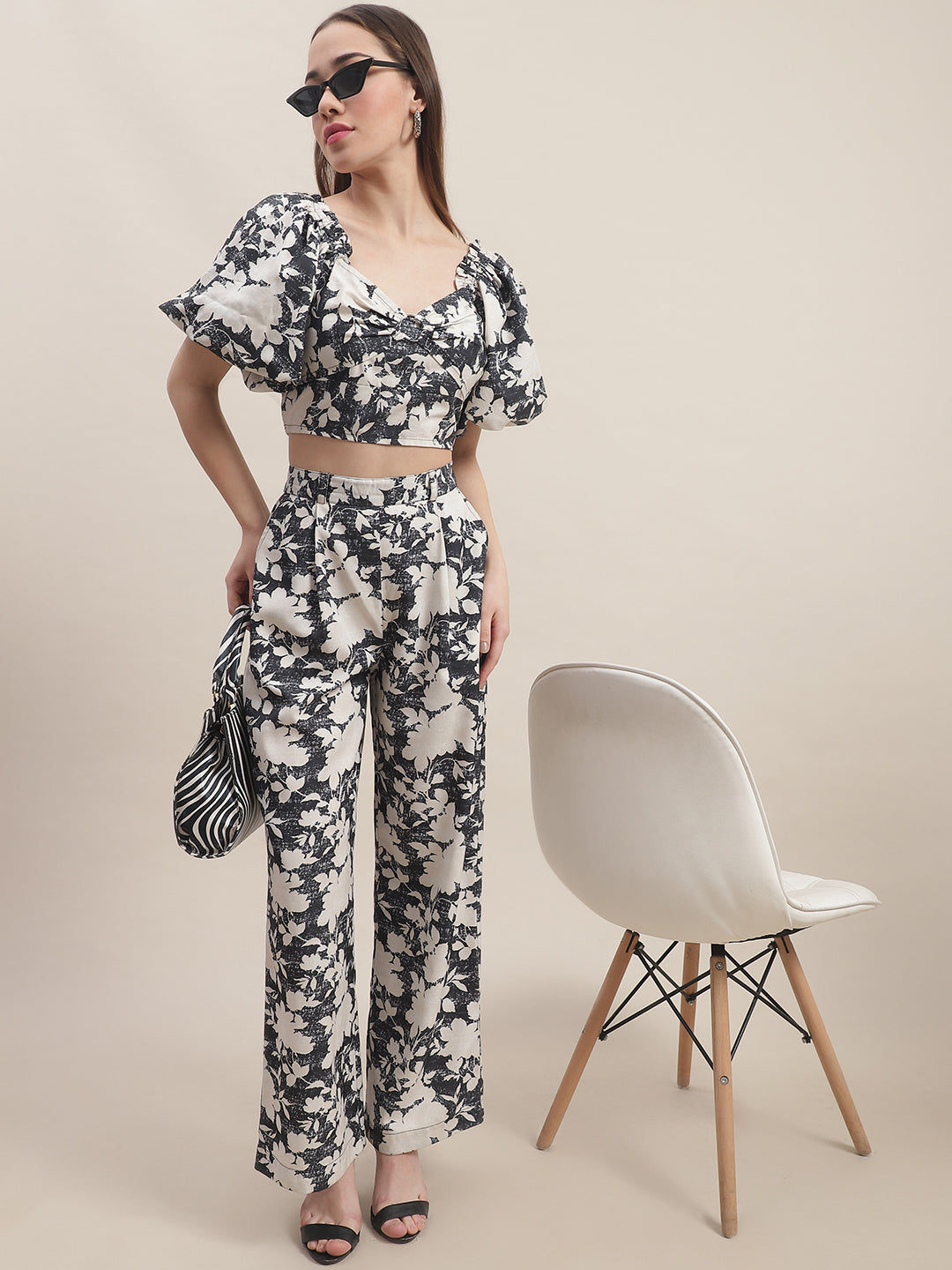Blanc9 Melon Sleeve Crop Top With Pants Co-Ord Set-B9ST111