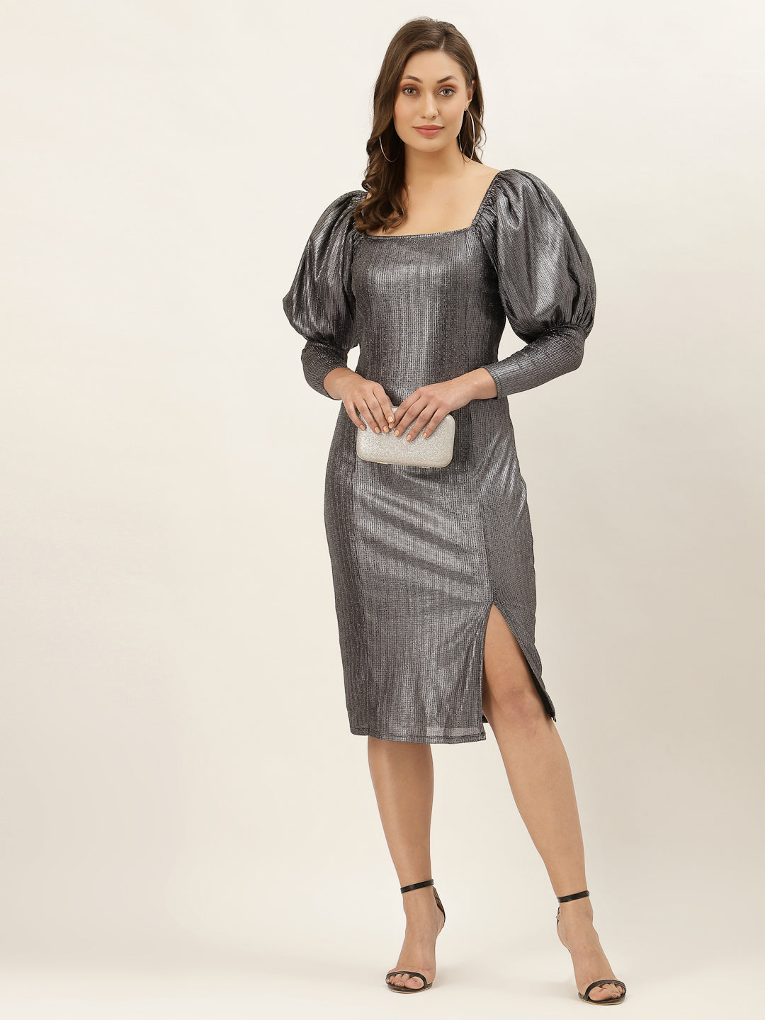 Blanc9 Metallic Puffed Silver Knee Length Dress-B9DR106