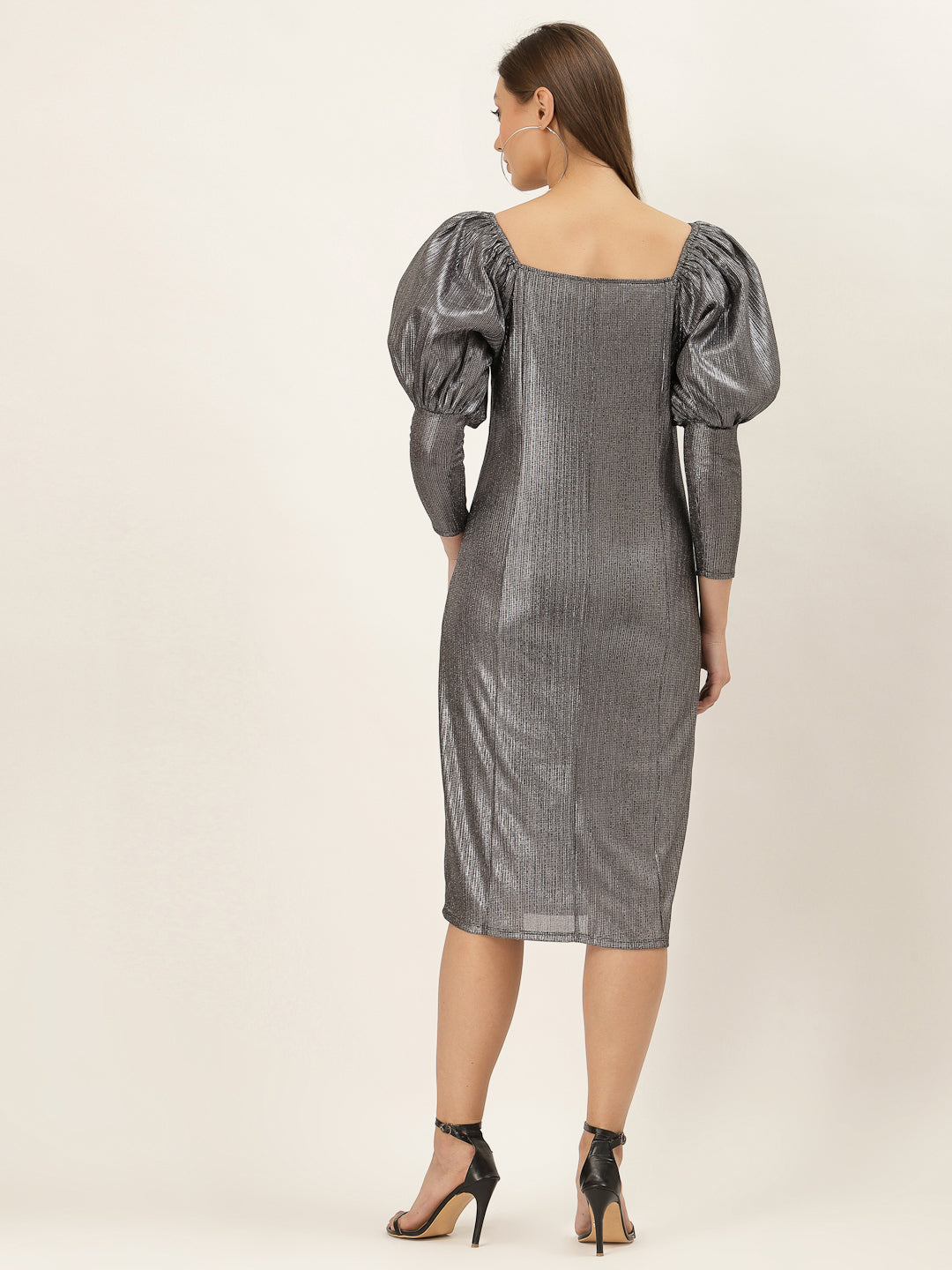 Blanc9 Metallic Puffed Silver Knee Length Dress-B9DR106