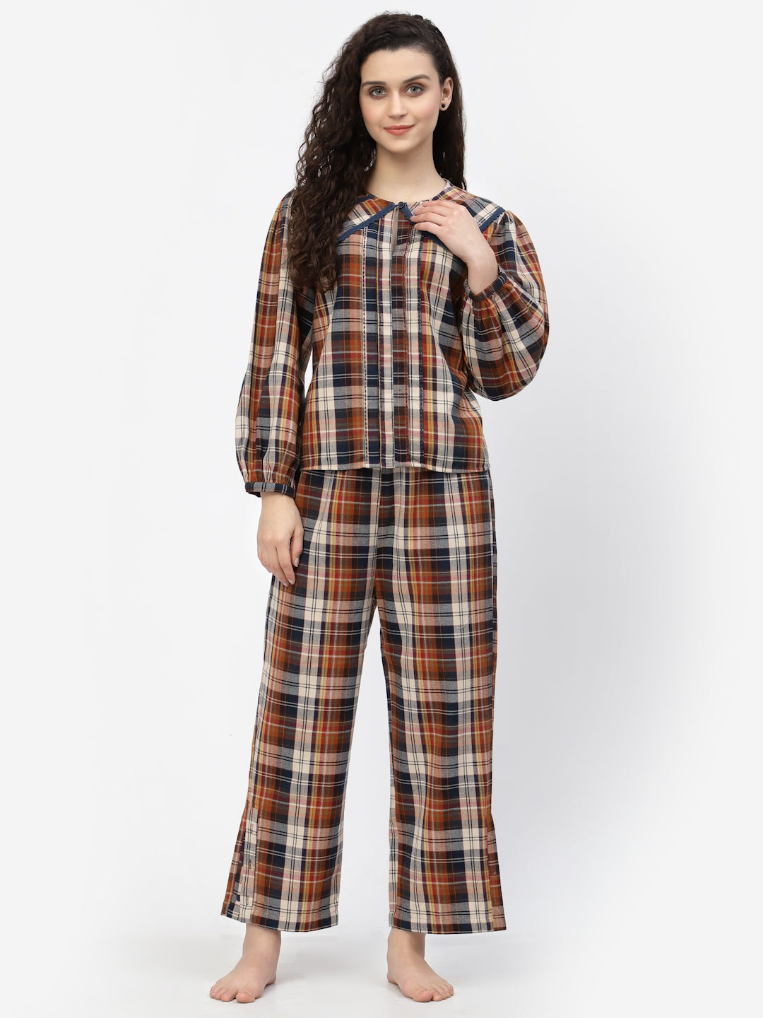 Blanc9 Multi Coloured Lace Collar Check Cotton Pyjama Set-B9NW80