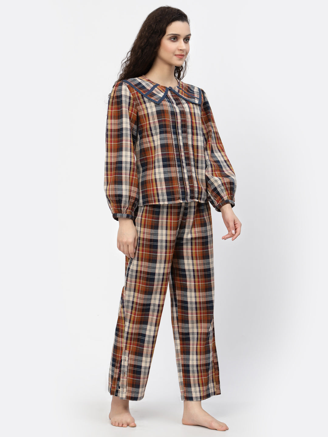 Blanc9 Multi Coloured Lace Collar Check Cotton Pyjama Set-B9NW80
