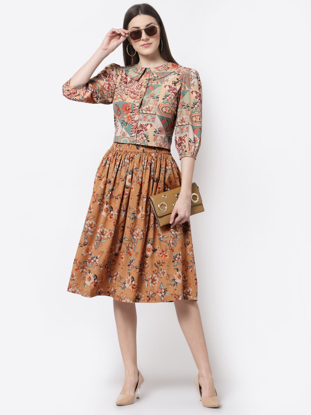Blanc9 Mustard Floral Printed Flared Co-ord Set-B9ST46