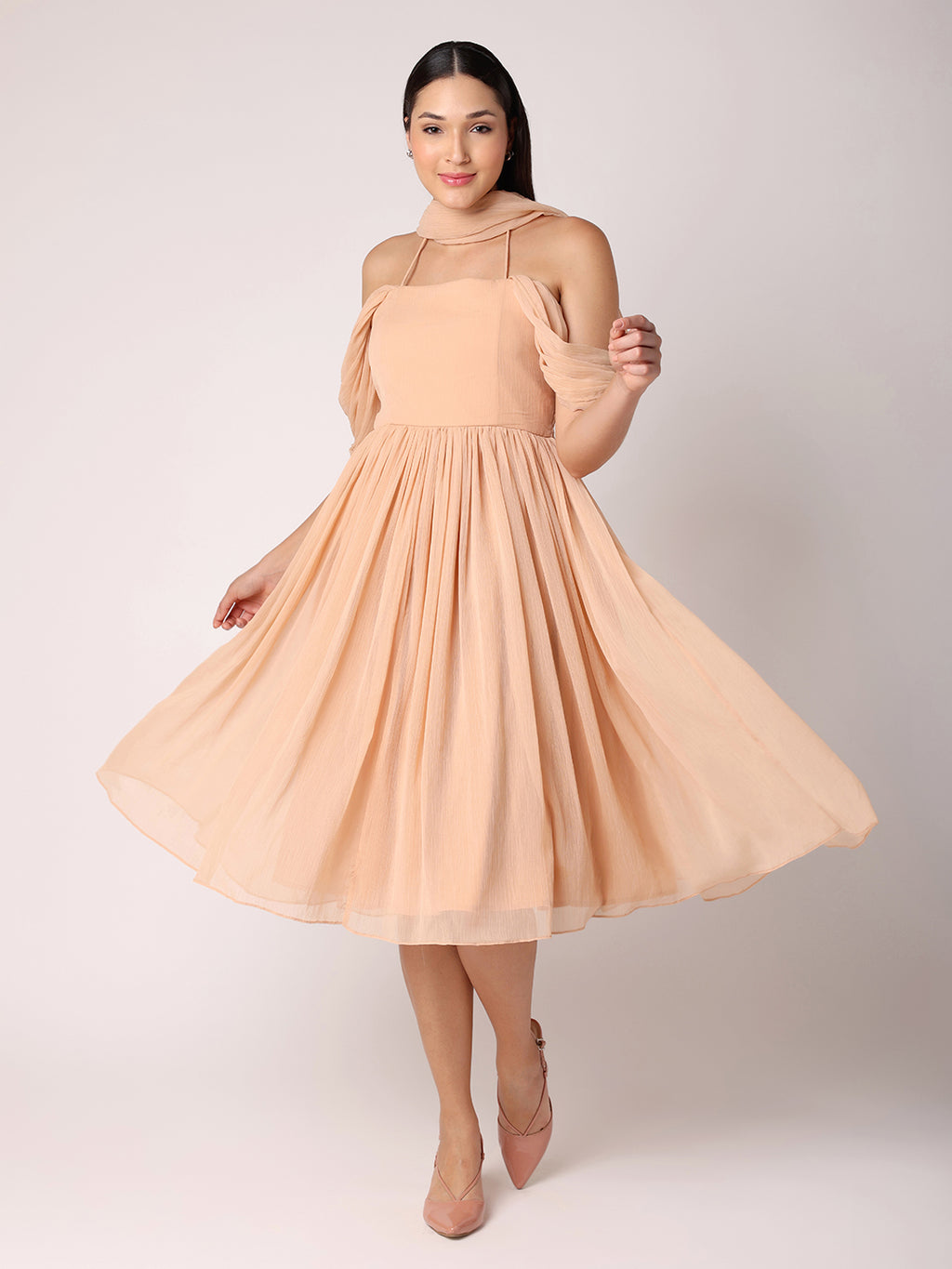 Nude Peach Dress With Drape Over Neck Nude Peach Dress With Drape Over Neck