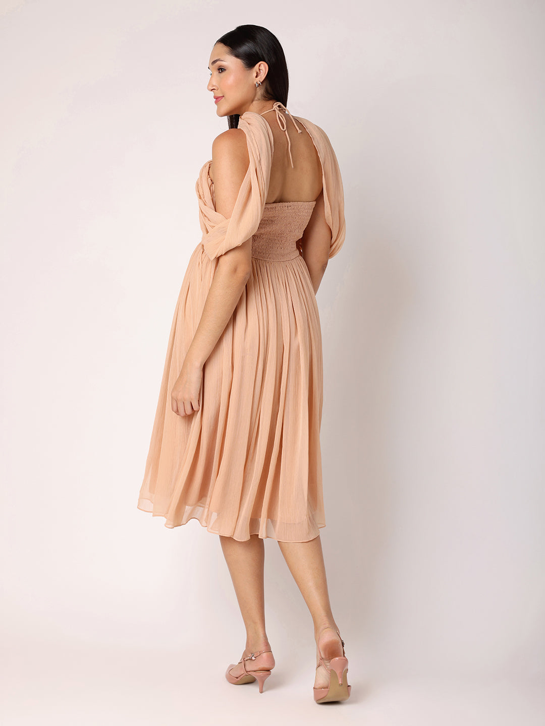 Nude Peach Dress With Drape Over Neck