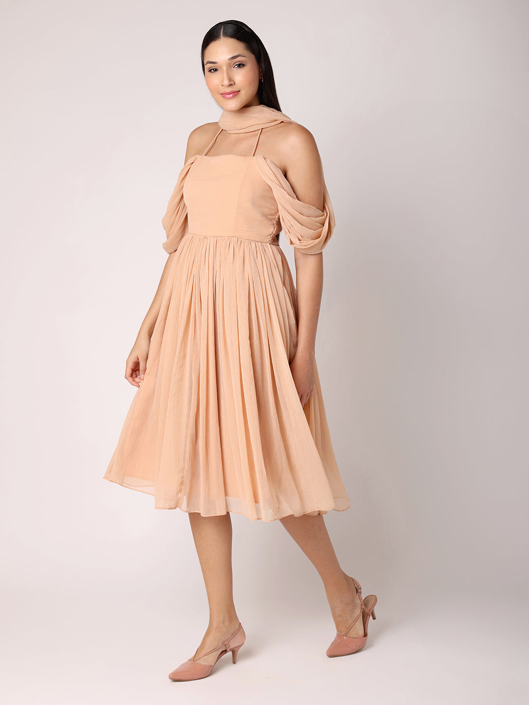 Nude Peach Dress With Drape Over Neck