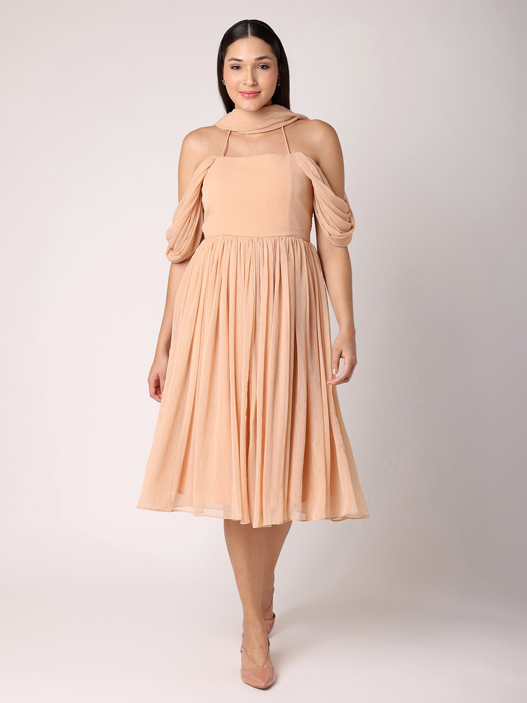 Nude Peach Dress With Drape Over Neck