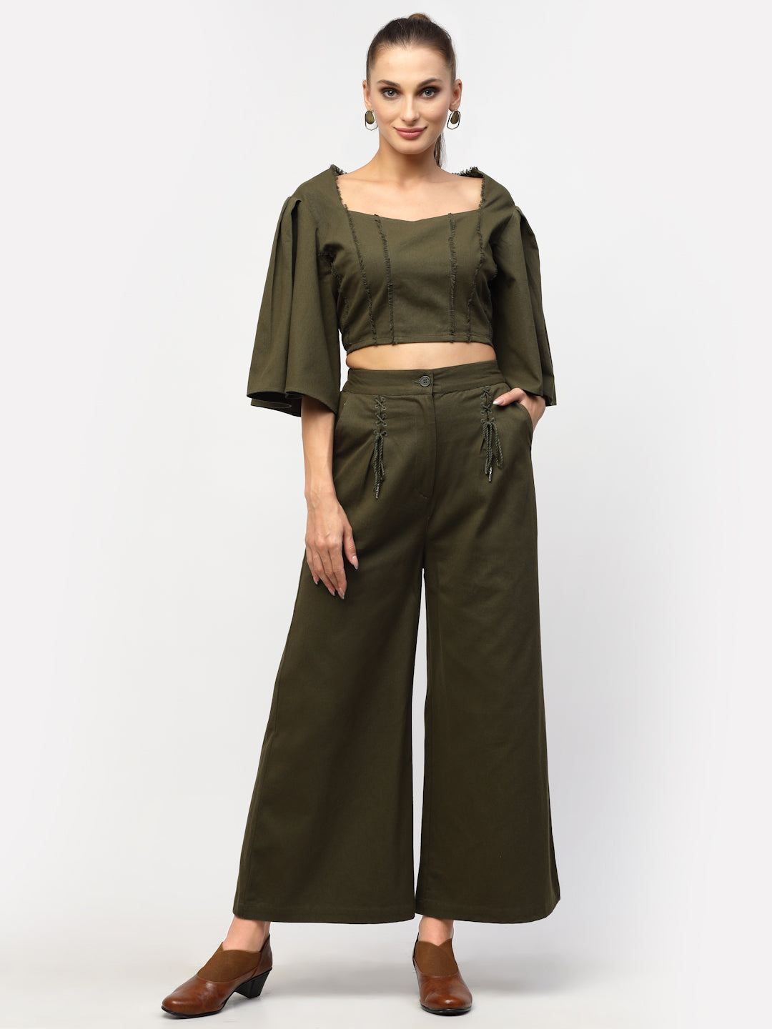 Blanc9 Olive Green Fray Style Cotton Co-Ord Set-  B9ST65