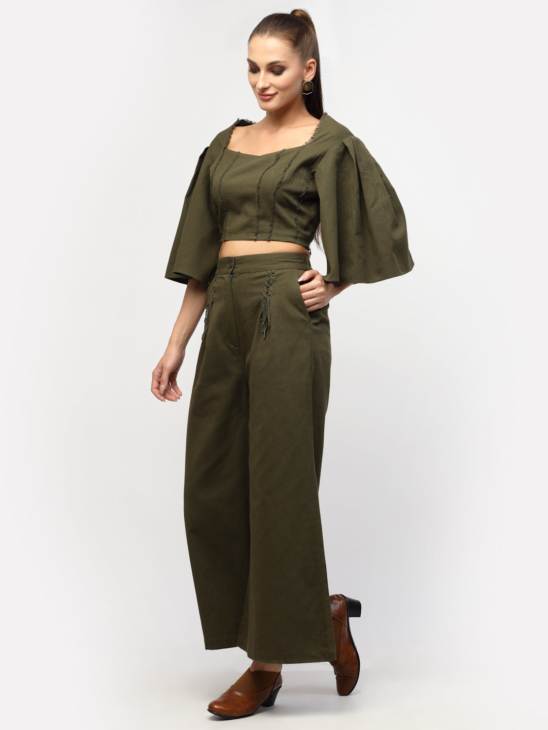 Blanc9 Olive Green Fray Style Cotton Co-Ord Set-  B9ST65