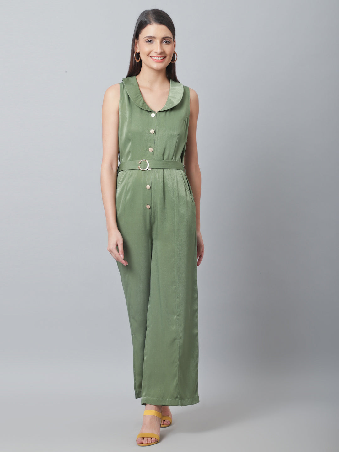 Blanc9 Olive Green Satin Velvet Jumpsuit-B9DR132