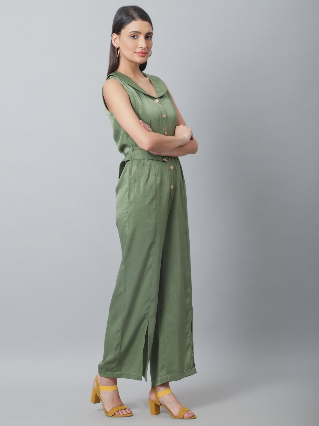 Blanc9 Olive Green Satin Velvet Jumpsuit-B9DR132