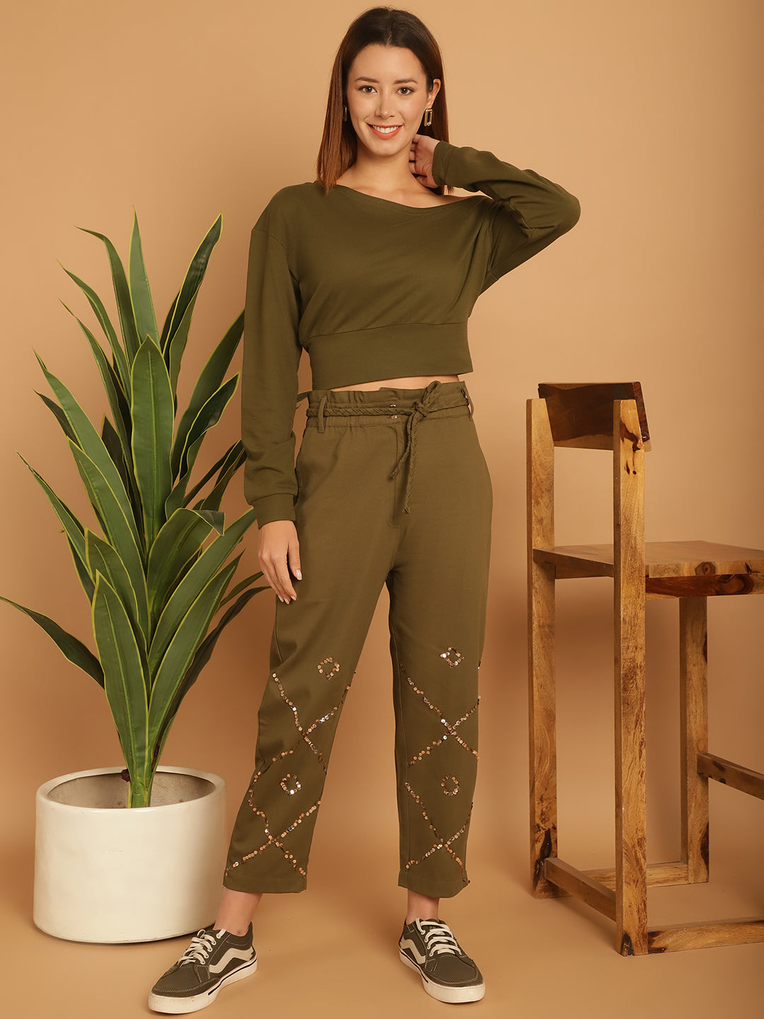 Blanc9 One Sided Off Shoulder Sweatshirt With Embellished Trouser-B9ST152