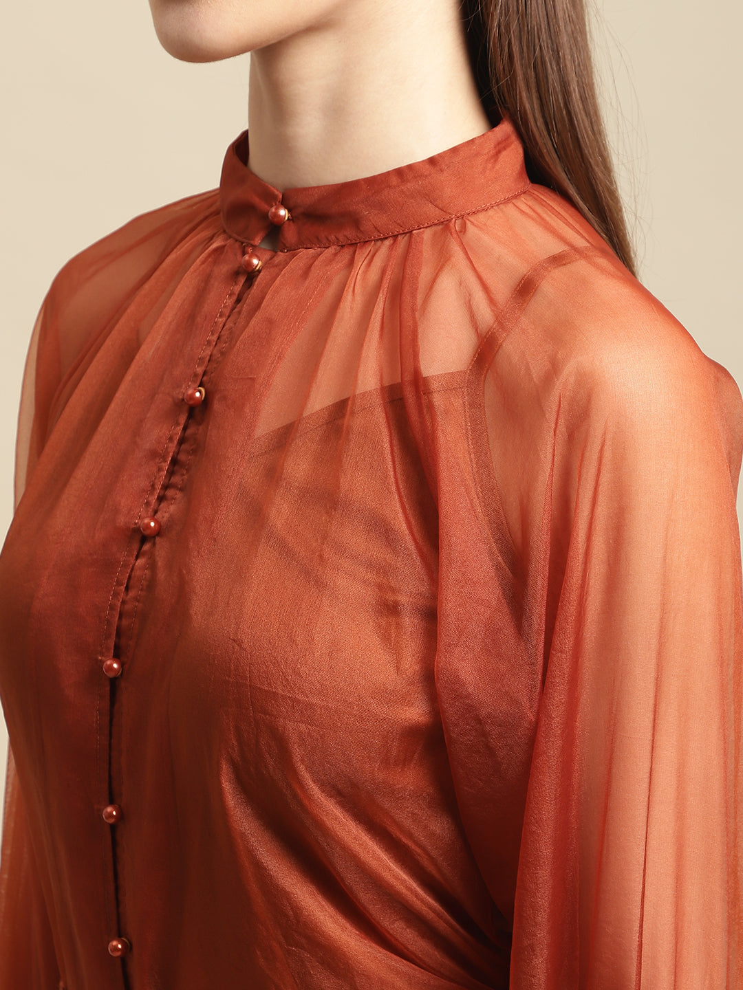 Blanc9 Orange 3Pc Lace Pencil Skirt With Organza Top-B9ST100