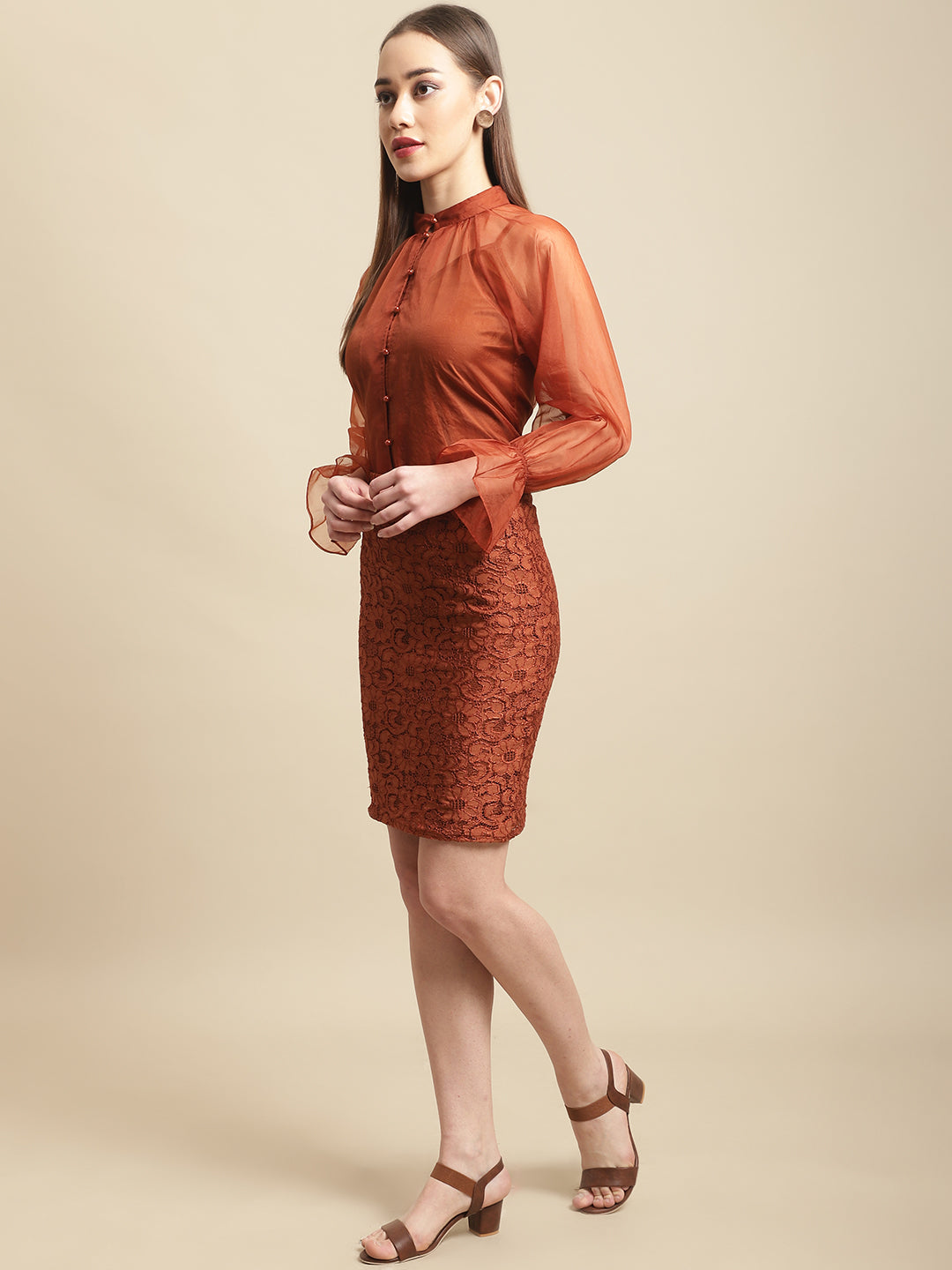 Blanc9 Orange 3Pc Lace Pencil Skirt With Organza Top-B9ST100