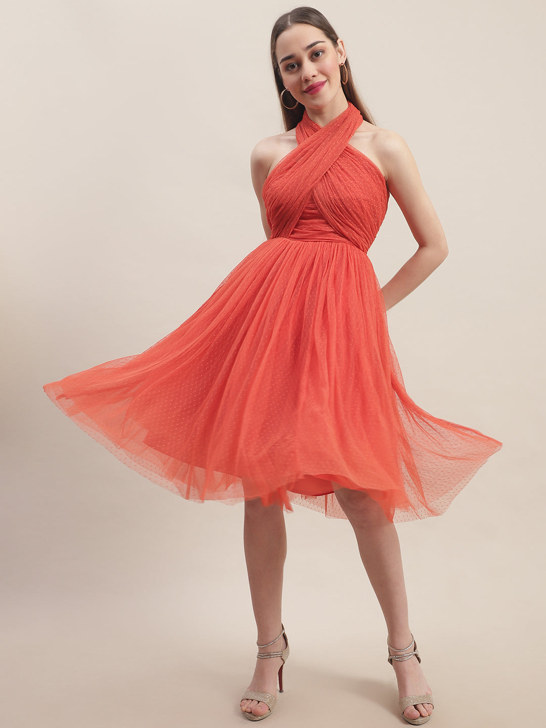 Blanc9 Orange Mesh Flared Dress-B9DR146