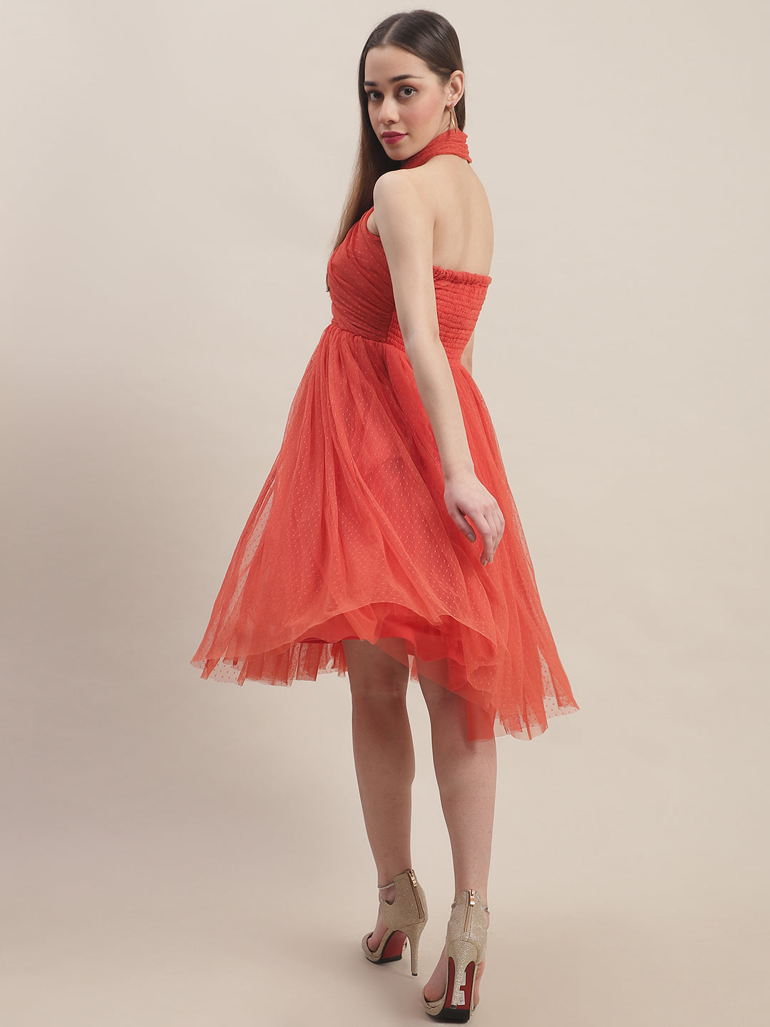 Blanc9 Orange Mesh Flared Dress-B9DR146