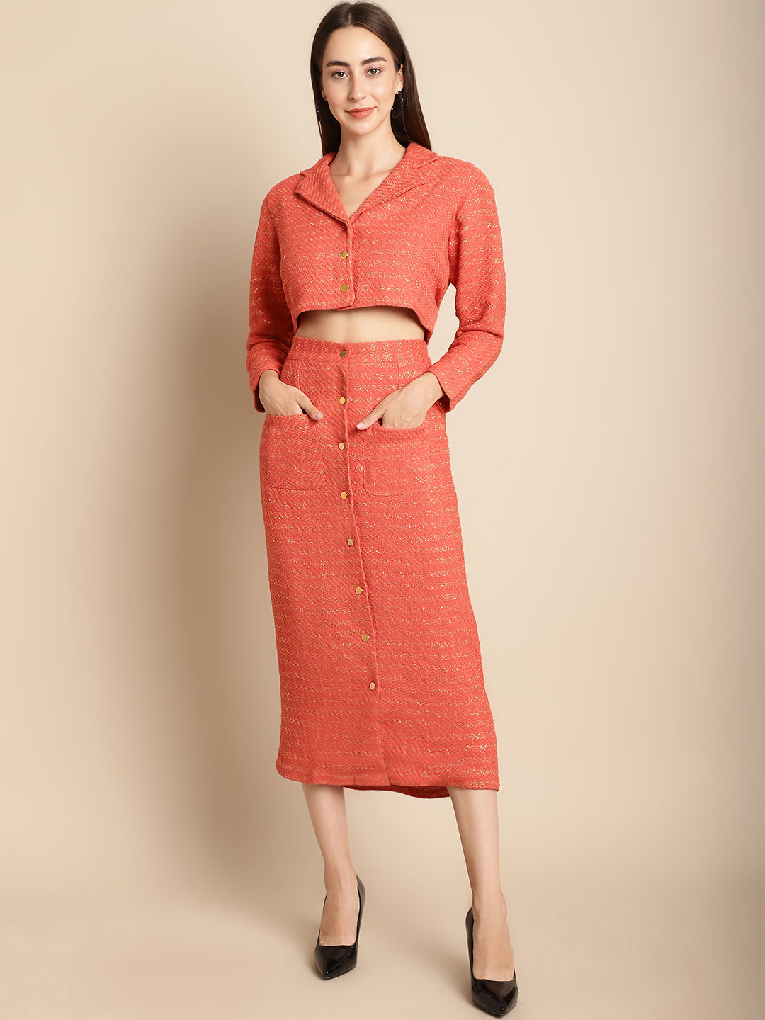 Blanc9 Orange Short Blazer With Skirt Winter Co-Ord Set