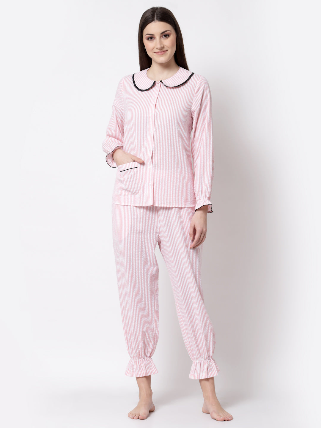 Blanc9 Peach And White Striper Cotton Pyjama Night Suit-B9NW36