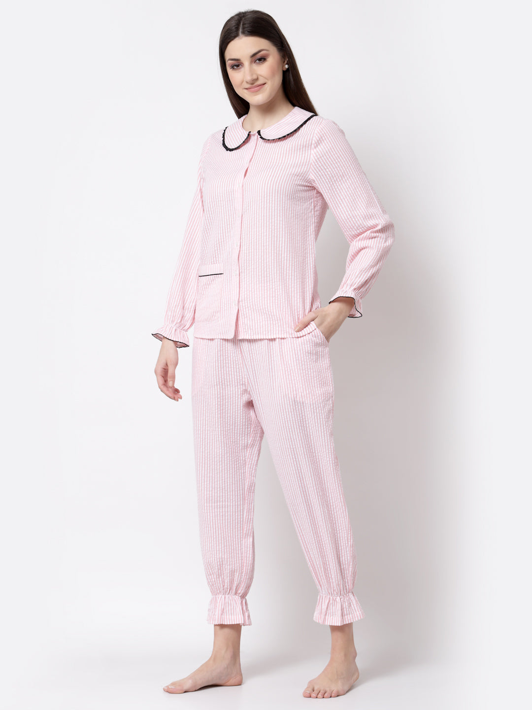 Blanc9 Peach And White Striper Cotton Pyjama Night Suit-B9NW36