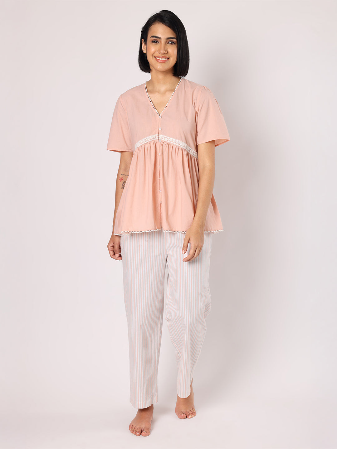 Blanc9 Women  Peach Lace Detail Top With Striper Pyjamas Nightwear
