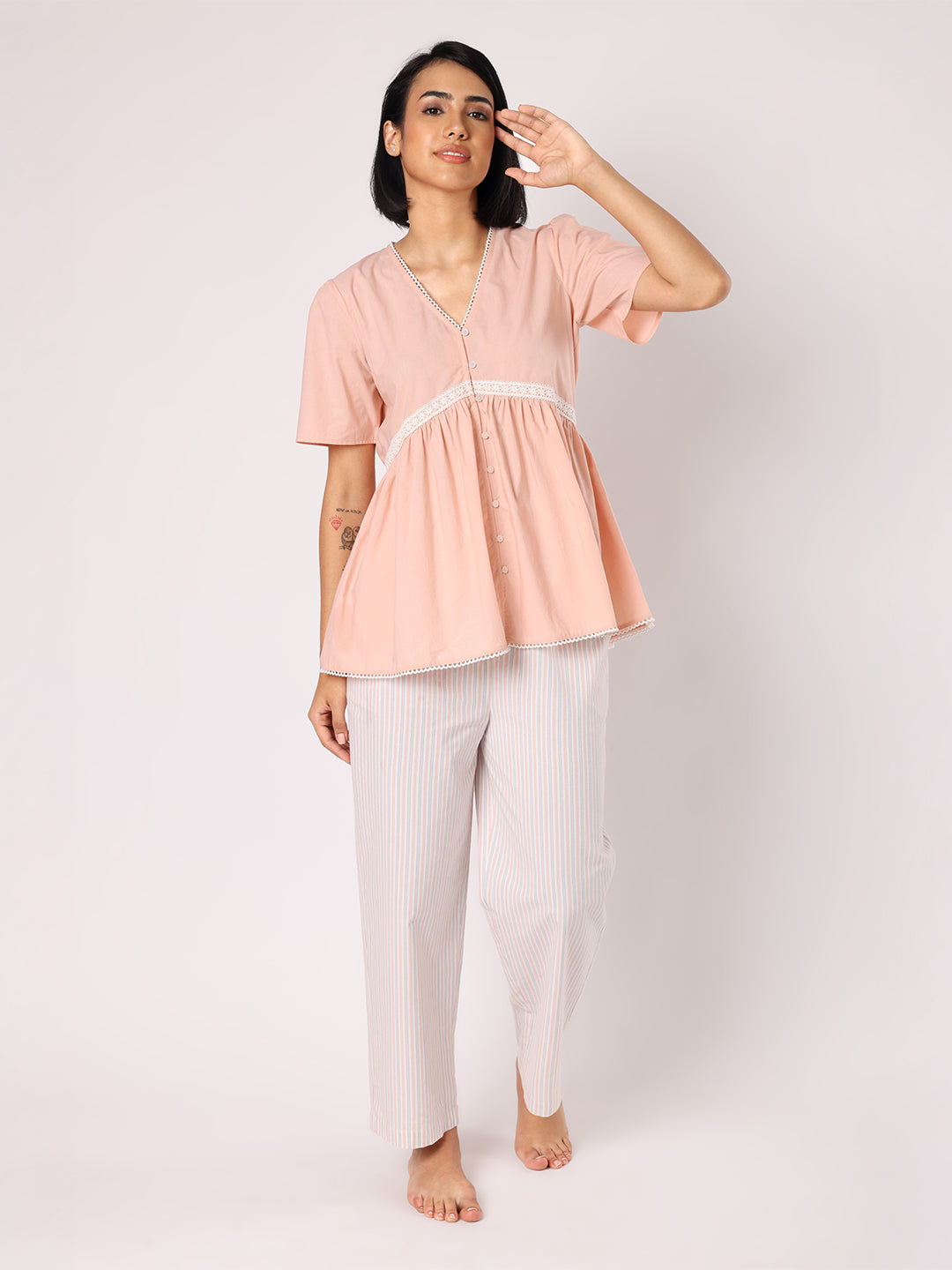 Blanc9 Women  Peach Lace Detail Top With Striper Pyjamas Nightwear
