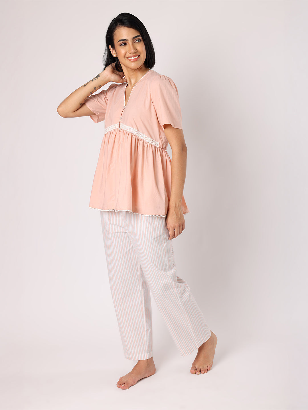 Blanc9 Women  Peach Lace Detail Top With Striper Pyjamas Nightwear
