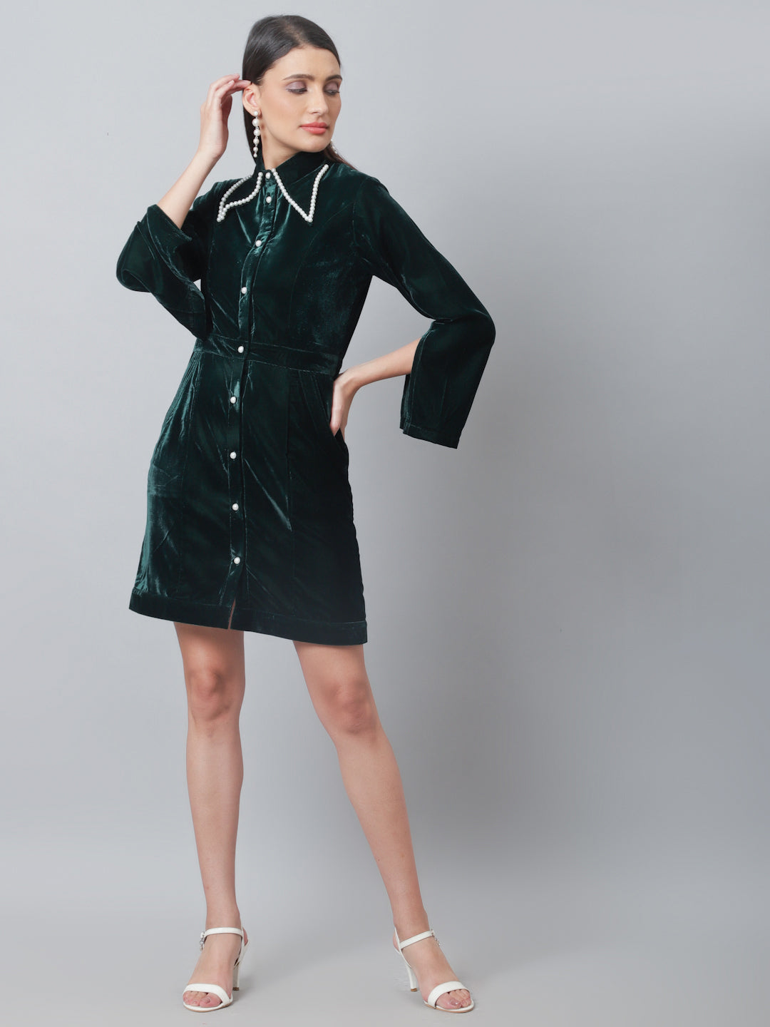 Blanc9 Pearl Green Velvet Dress-B9DR130