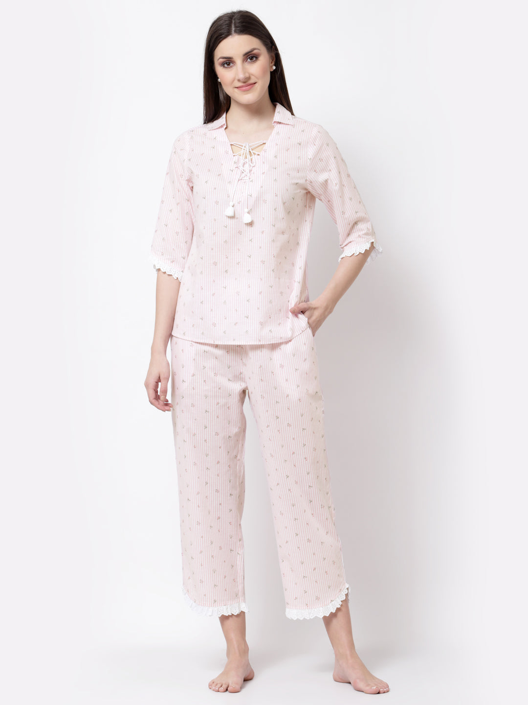 Blanc9 Pink And White Stripes With Lace Frill Pyjama Night Suit-B9NW32