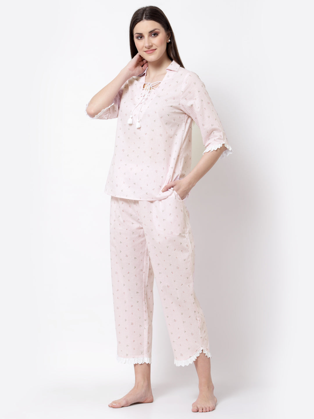 Blanc9 Pink And White Stripes With Lace Frill Pyjama Night Suit-B9NW32