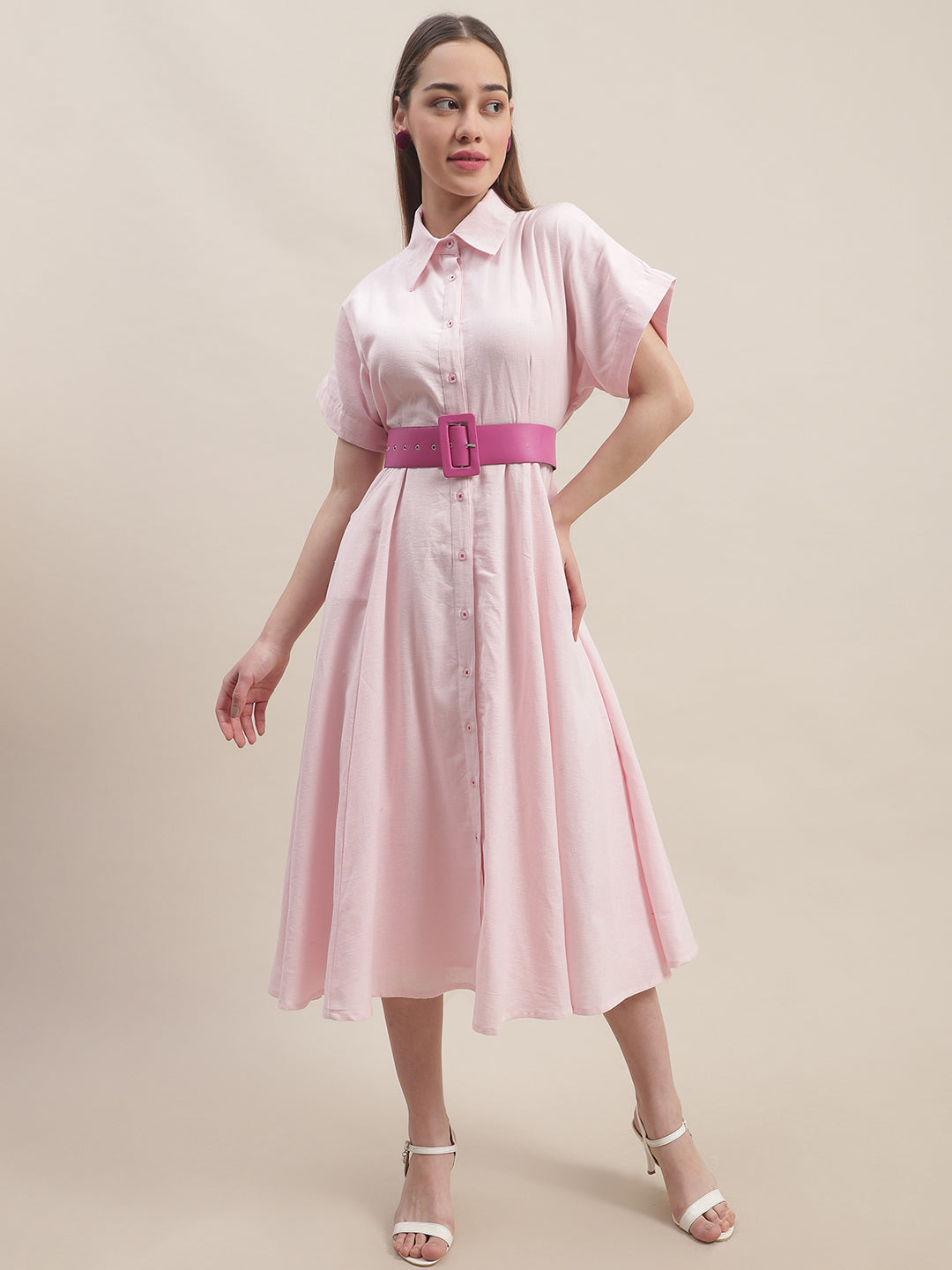 Blanc9 Pink Cotton Button Down Dress With Belt-B9DR140