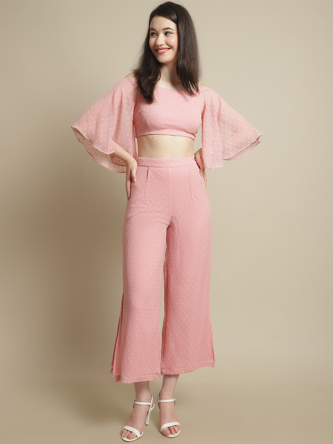 Blanc9 Pink Off-Shoulder Top With Trouser-B9ST123