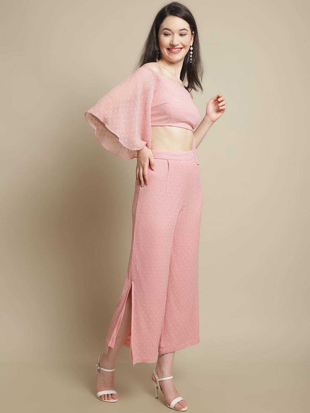 Blanc9 Pink Off-Shoulder Top With Trouser-B9ST123