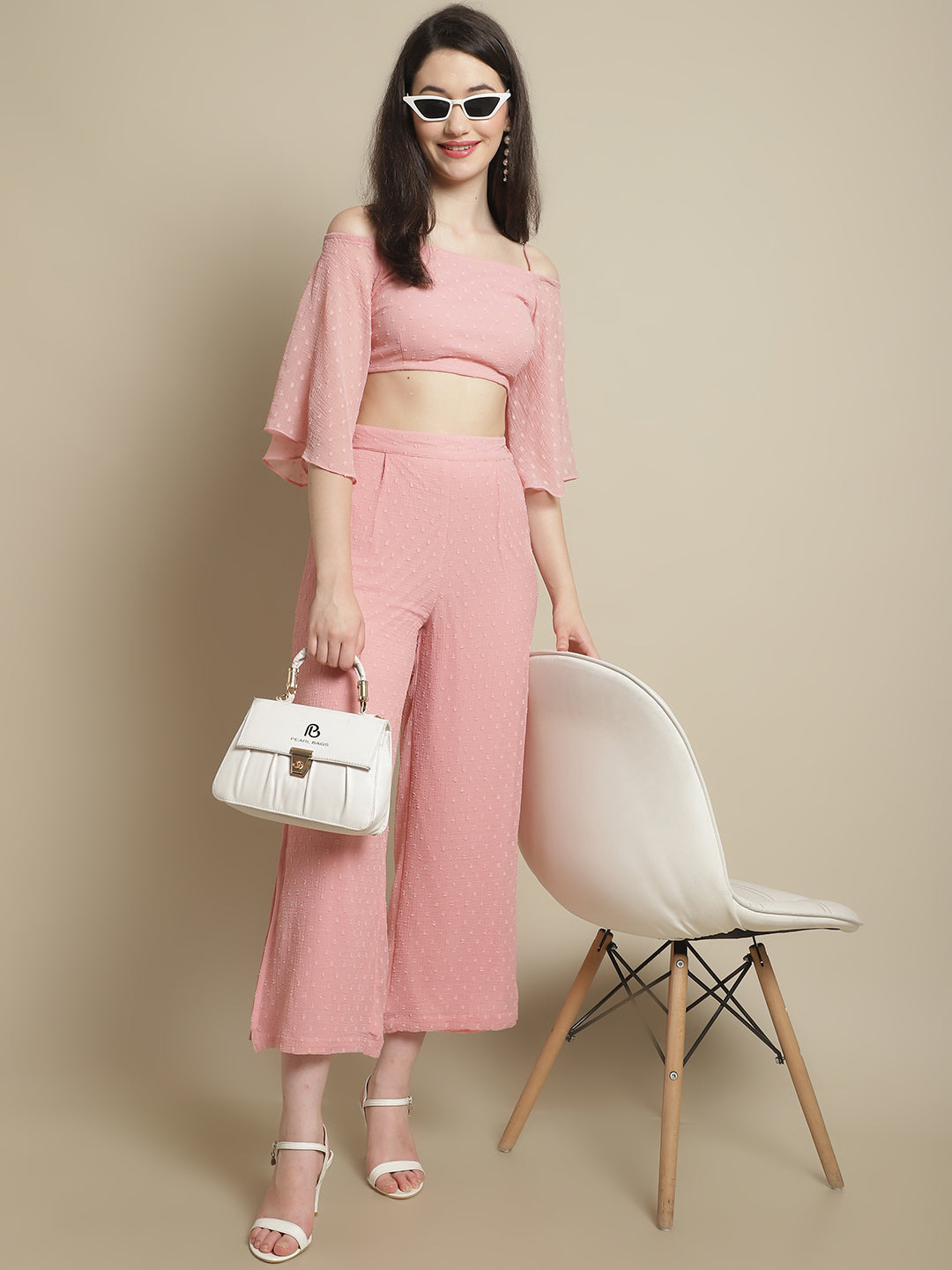 Blanc9 Pink Off-Shoulder Top With Trouser-B9ST123