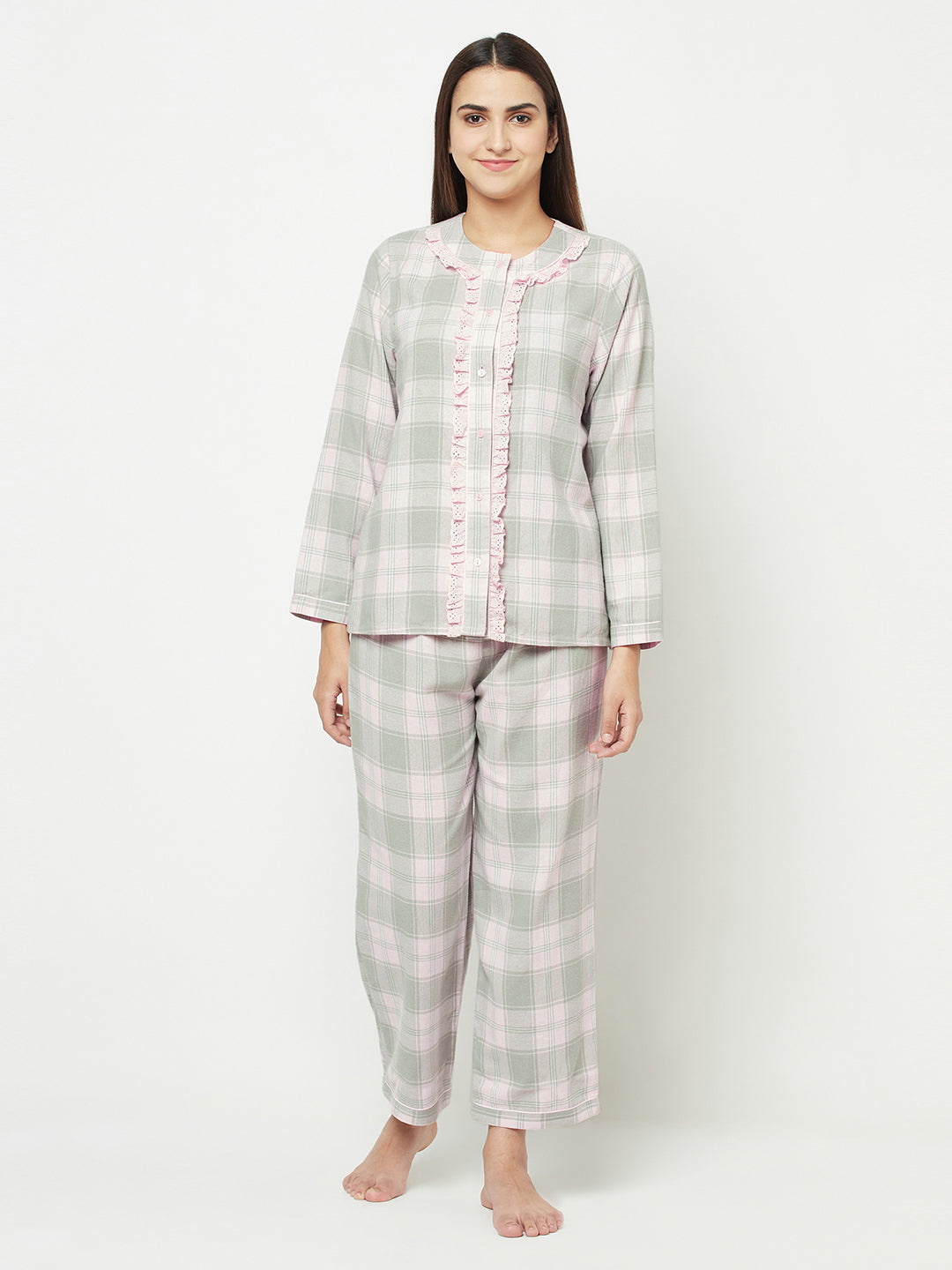 Blanc9 Pink & Grey Checks Pyjama Set-B9NW25