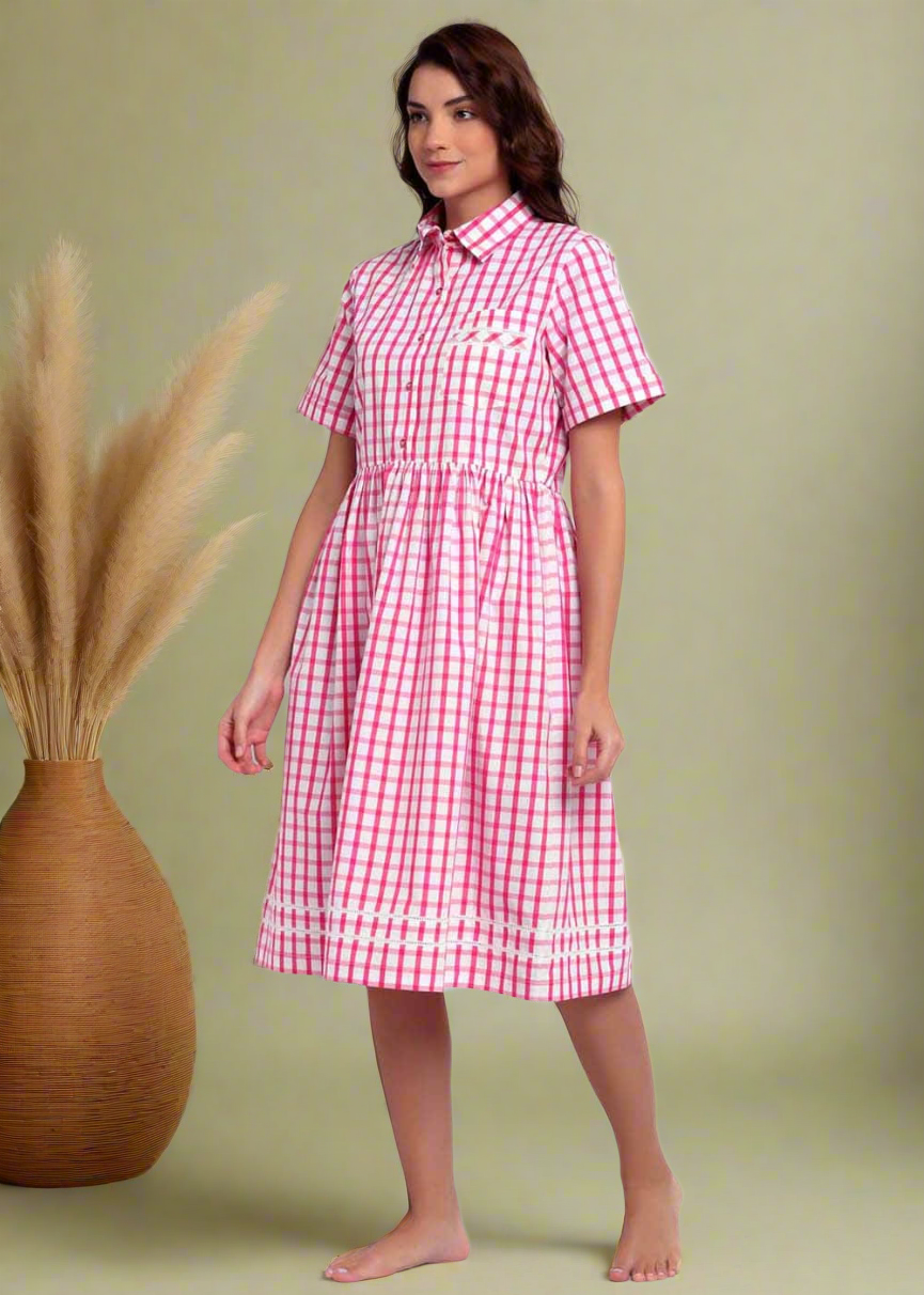 Pink & White Checks Night Dress