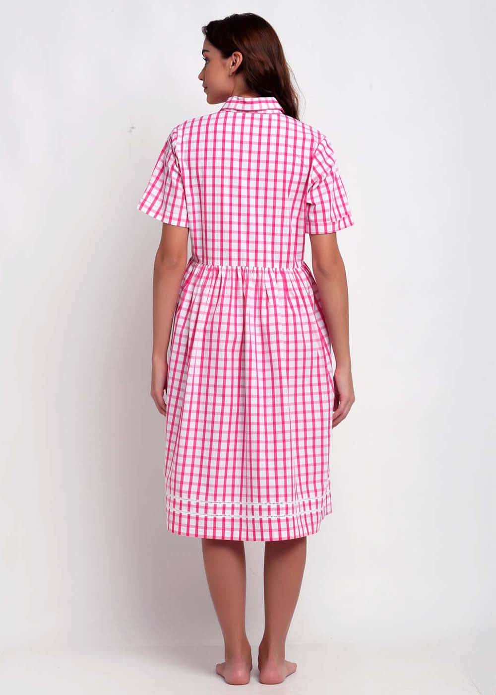 Blanc9 Pink & White Checks Night Dress-B9NW21