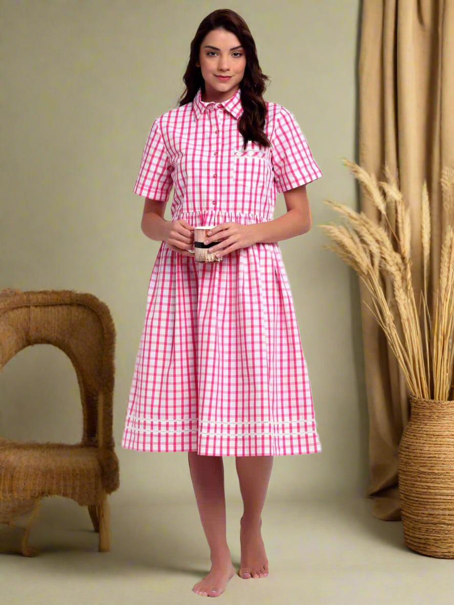 Pink & White Checks Night Dress