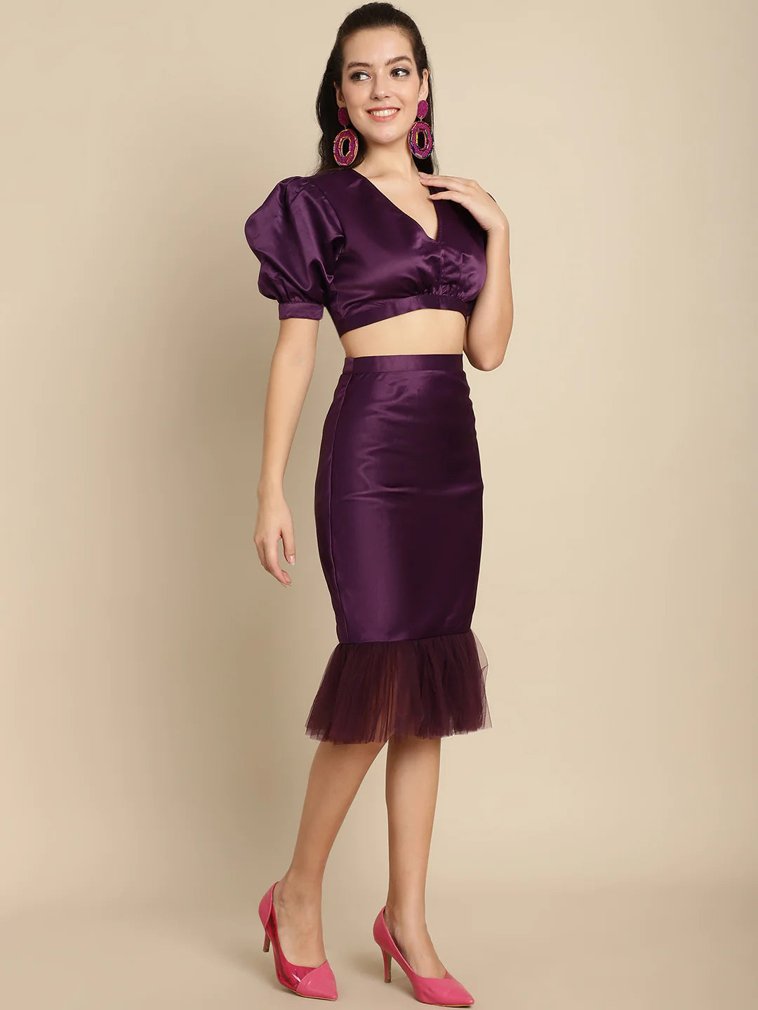 Blanc9 Purple Cropped Top with Pencil Shape Skirt-B9ST140