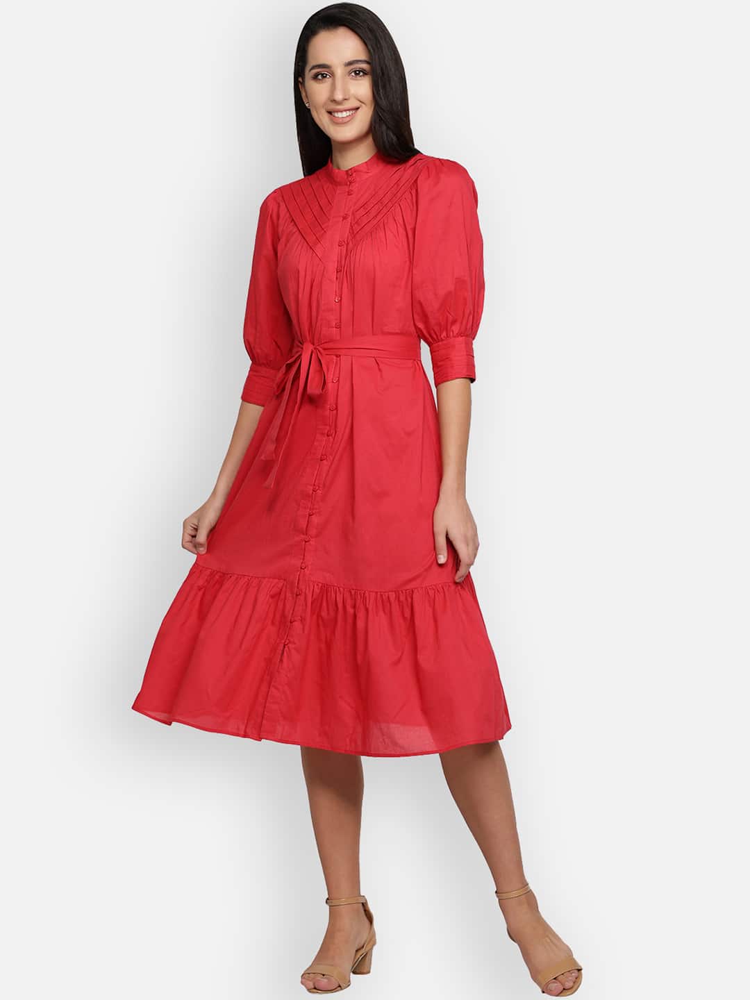 Blanc9 Red Pleated Dress-B9DR68R