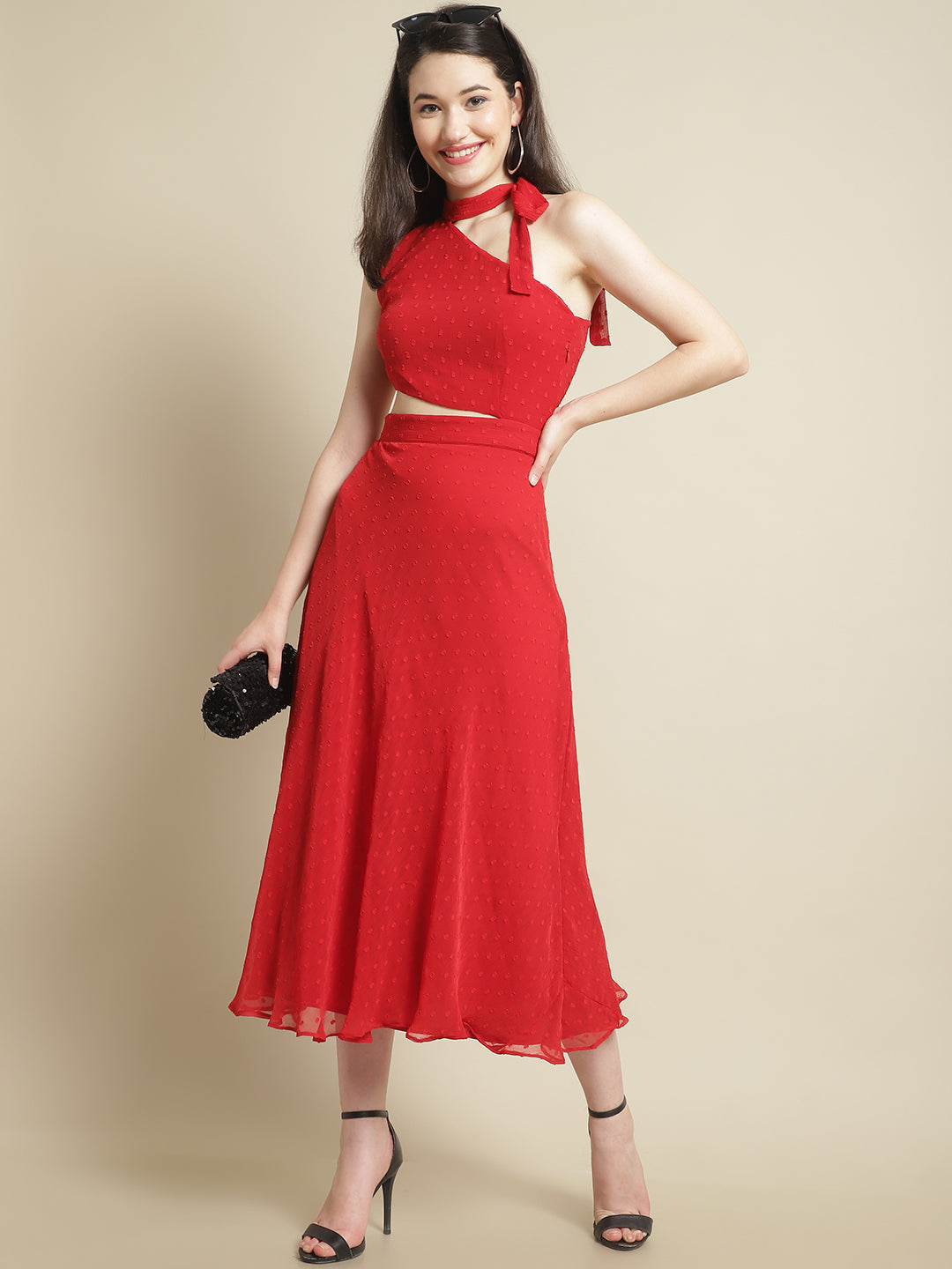 Blanc9 Red Side Cut-Out Dress With Neck Tie Band