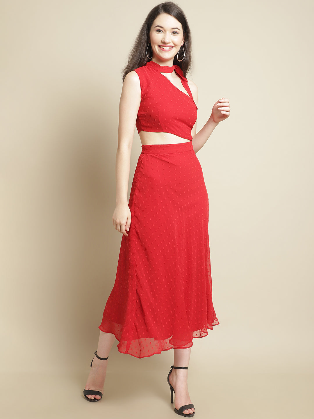 Blanc9 Red Side Cut-Out Dress With Neck Tie Band