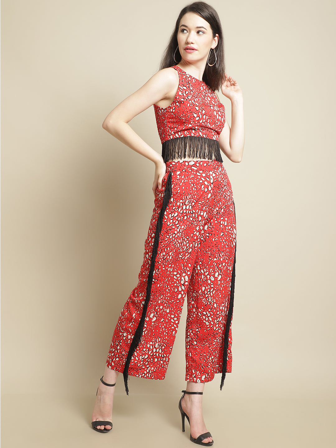 Blanc9 Red & Black Fringed Lace Top With Trouser-B9ST53R