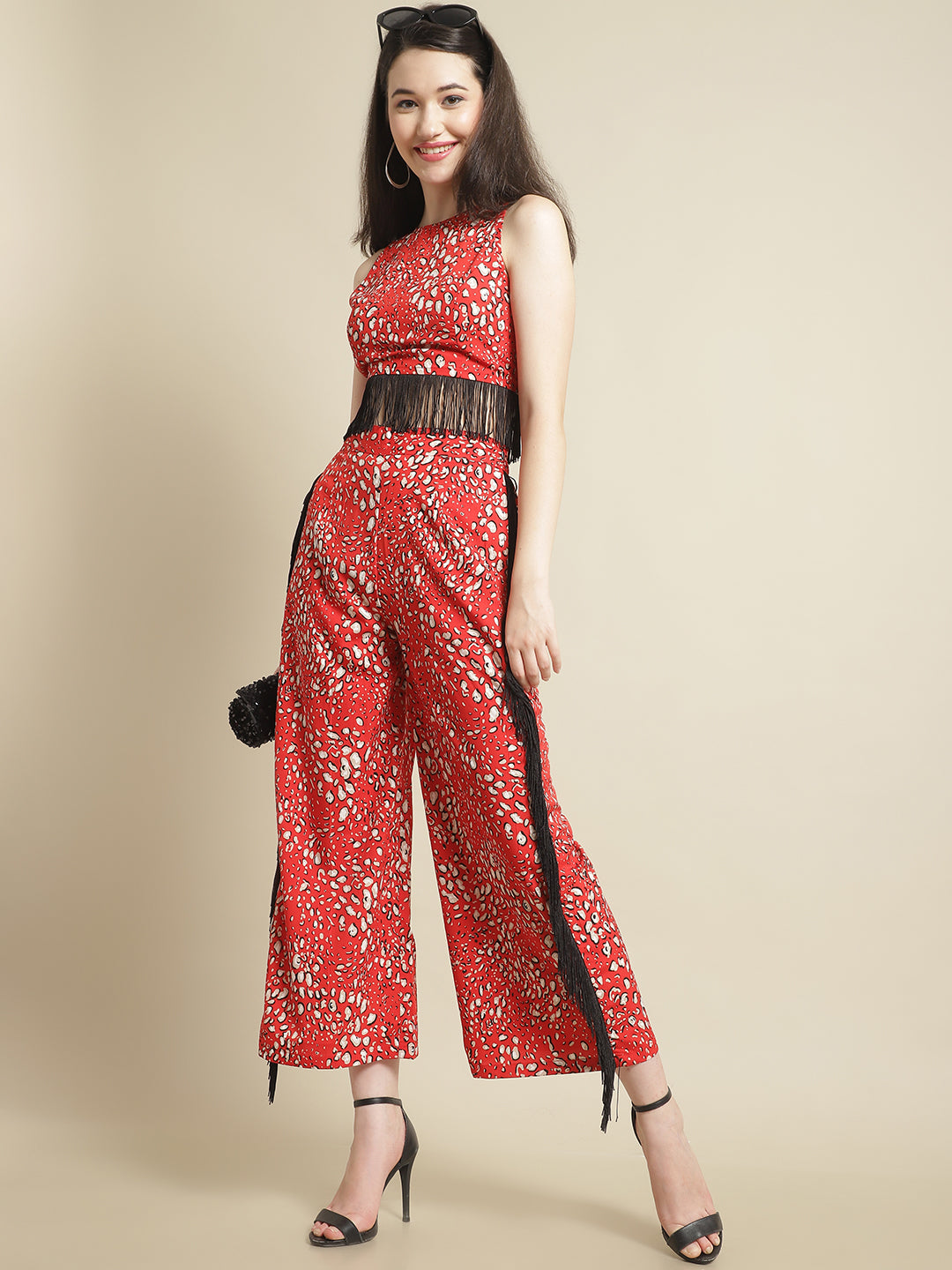 Blanc9 Red & Black Fringed Lace Top With Trouser-B9ST53R