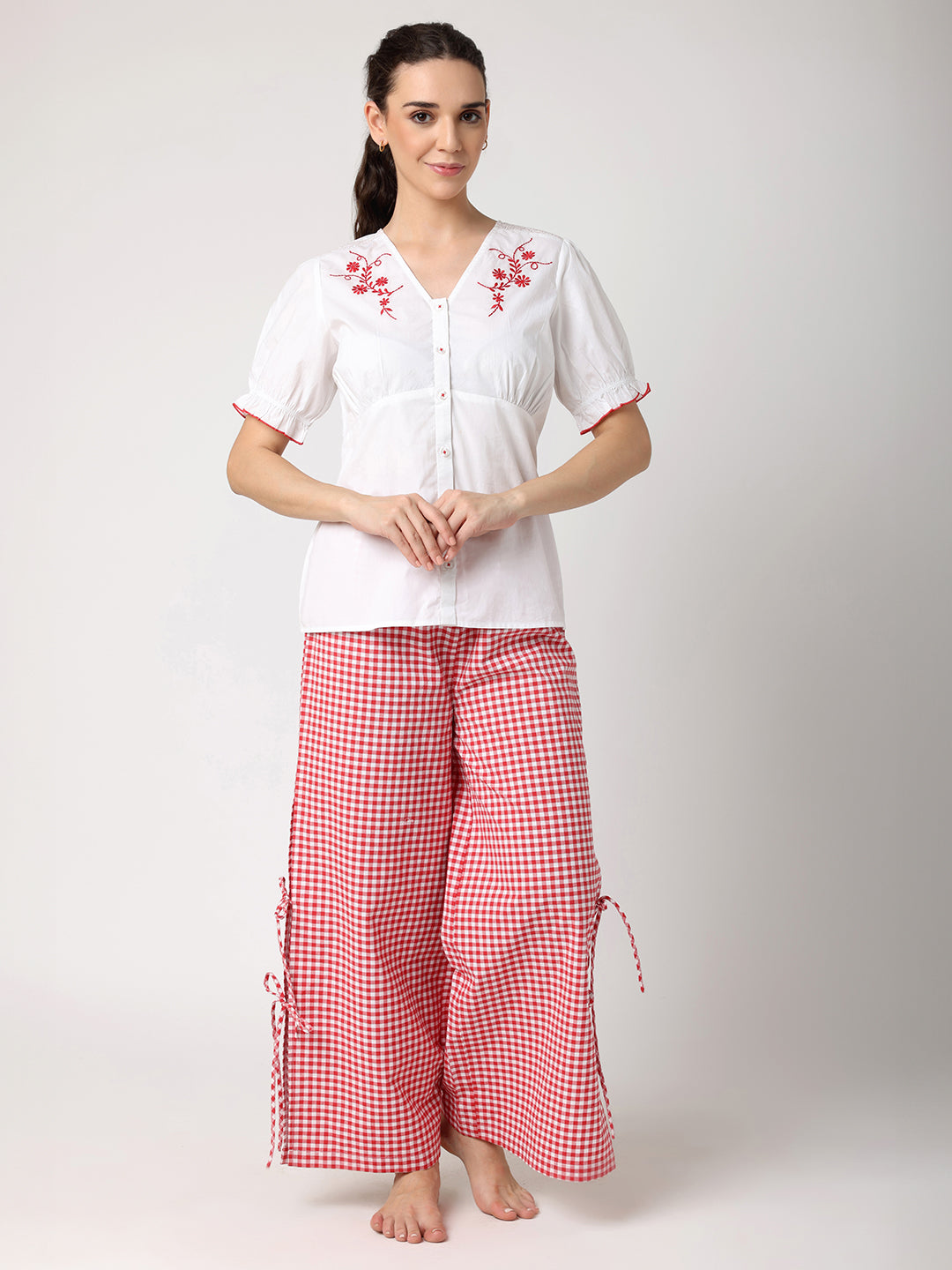 Blanc9Red_WhiteFloralEmbroideredTopWithCheckPyjama-1