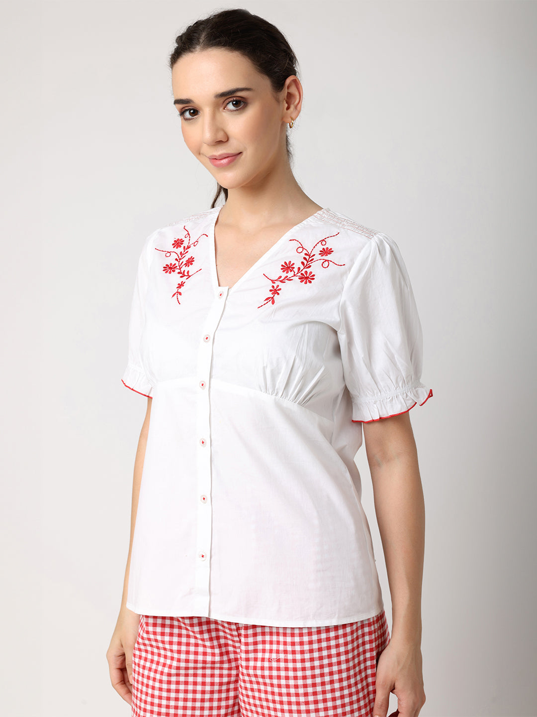 Blanc9Red_WhiteFloralEmbroideredTopWithCheckPyjama-1