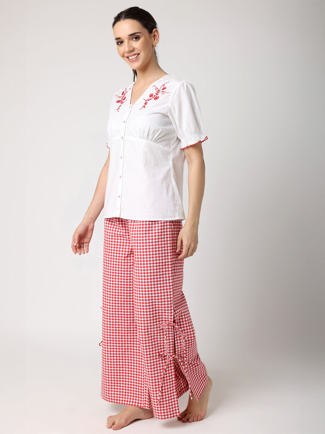 Blanc9Red_WhiteFloralEmbroideredTopWithCheckPyjama-1