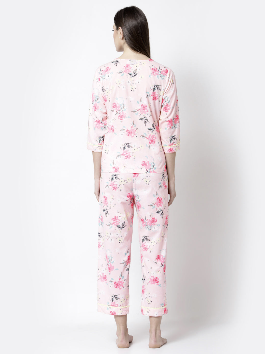 Blanc9 Rose Printed With Lace Cotton Pyjama Night Suit-B9NW37