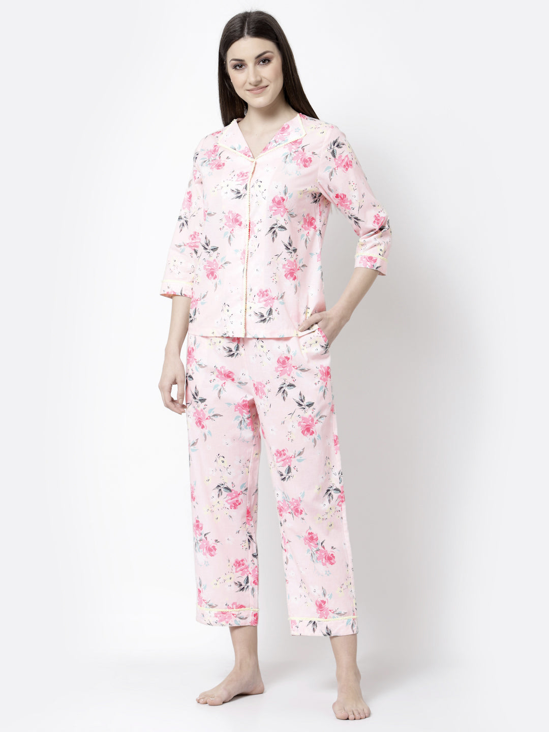 Blanc9 Rose Printed With Lace Cotton Pyjama Night Suit-B9NW37