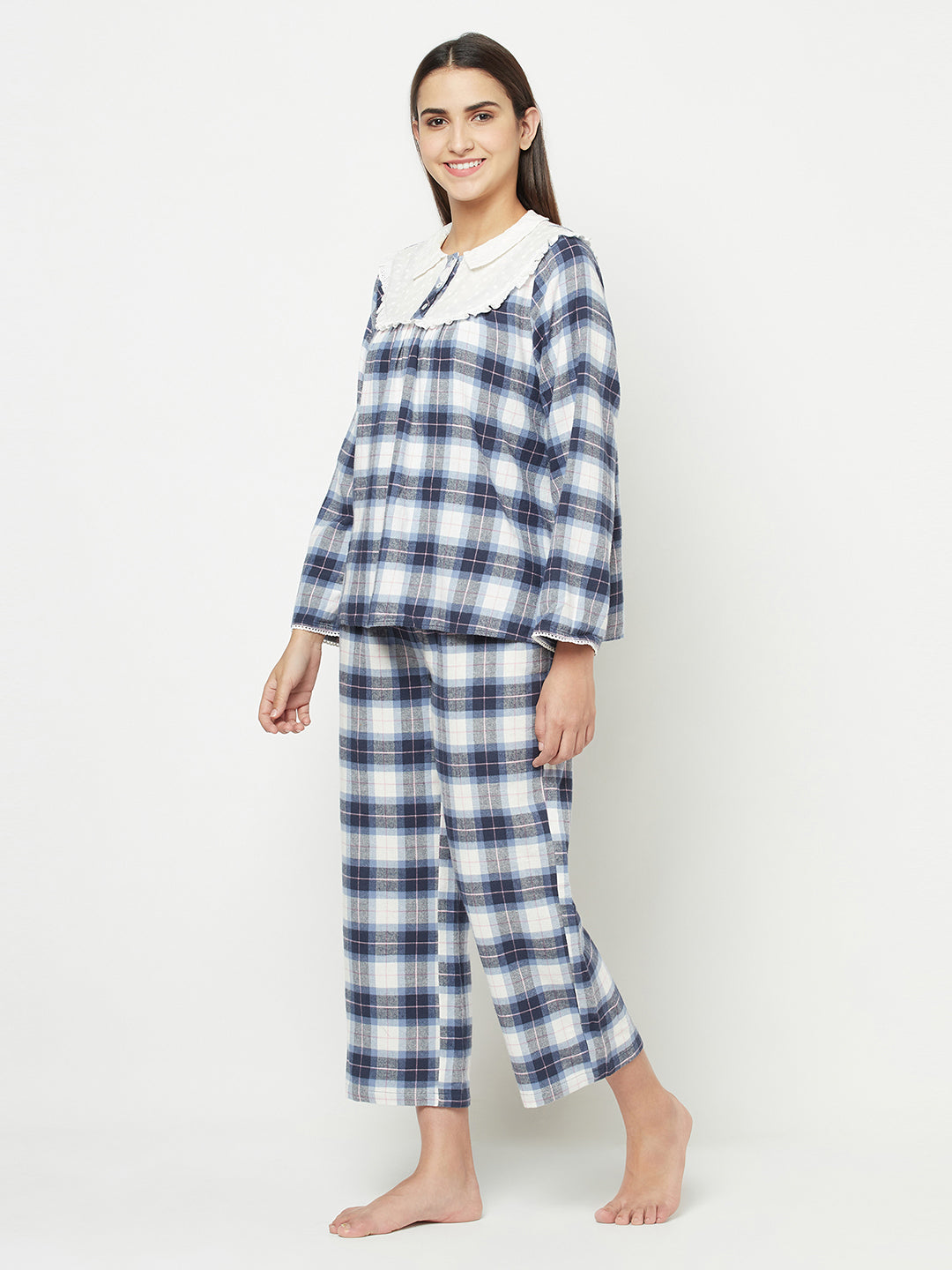 Blanc9 Schiffli Yoke White & Blue Checks Pyjama Set-B9NW24