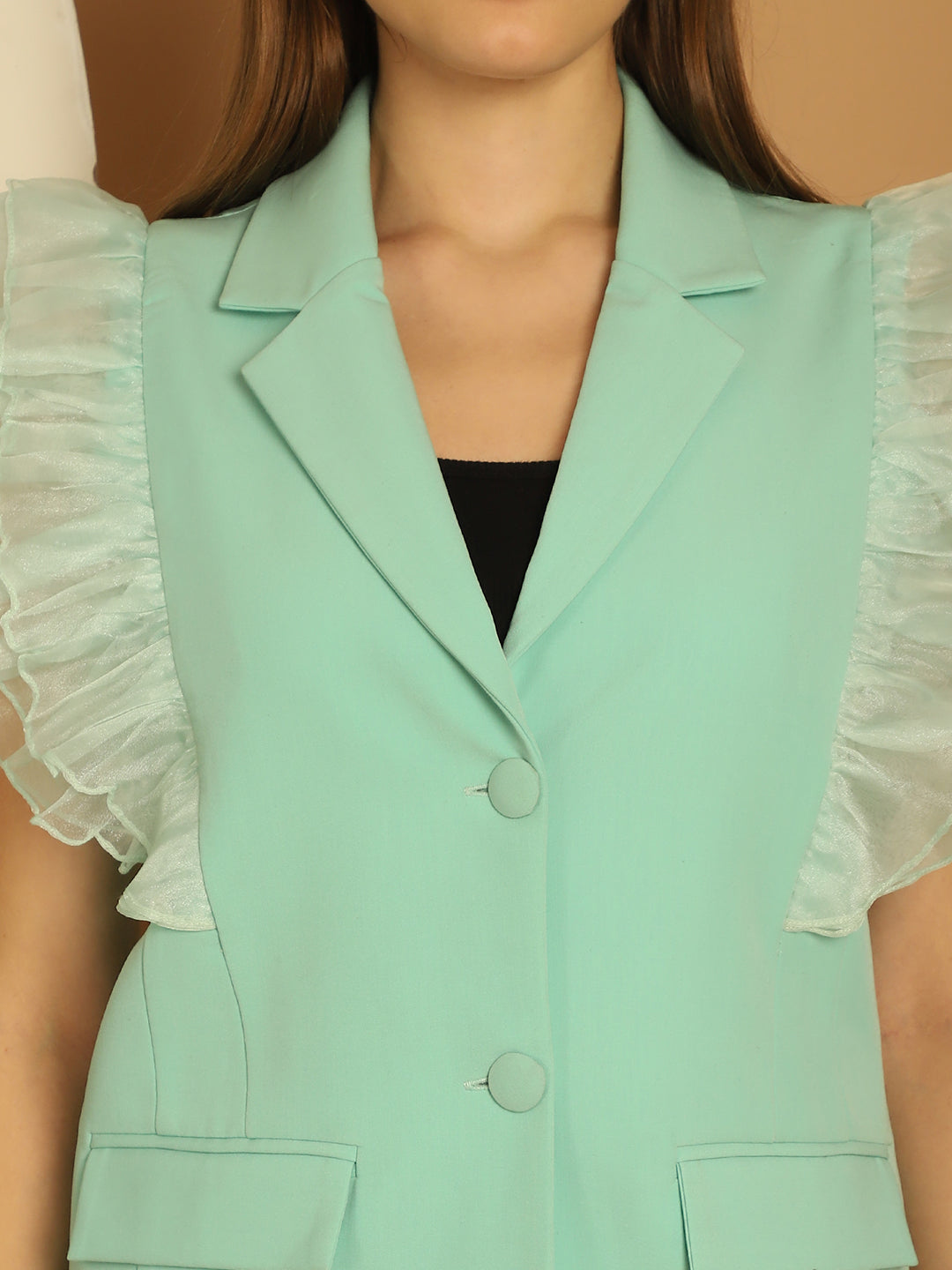 Sea Green Blazer with Organza Ruffle Sleeves